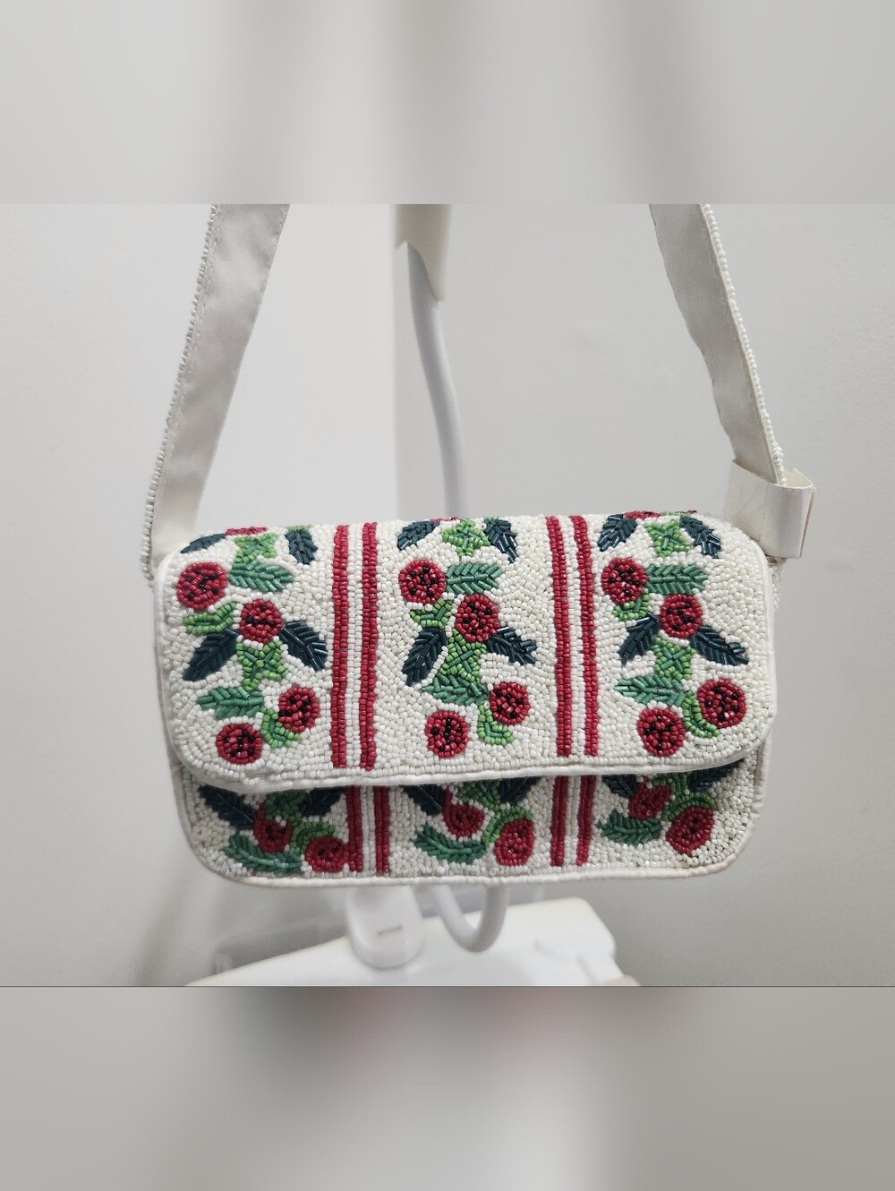 Beaded Holly Berry Crossbody Bag - White with Red & Green!